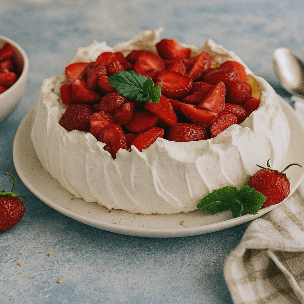Pavlova – traškus morengas su grietinėle ir vaisiais